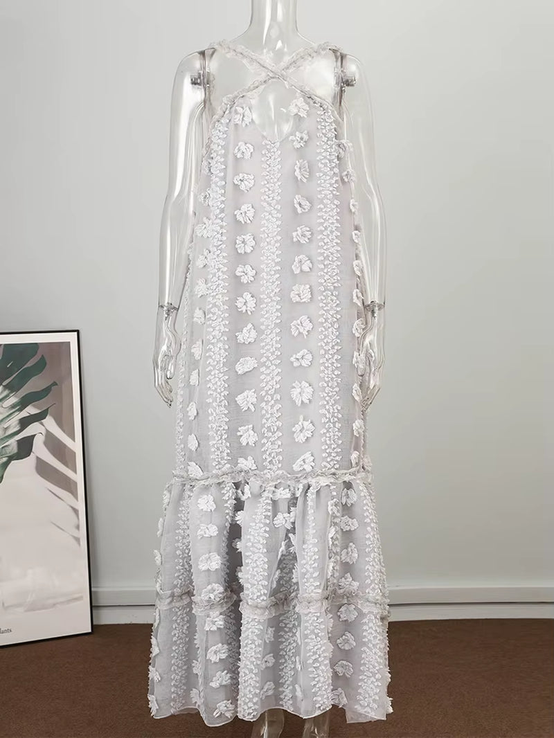 2022 Elegant Slip Holiday Hollow Out Sundress Sleeveless Halter Maxi Summer Dress for Women Fashion Ruffle Beach Long Robe